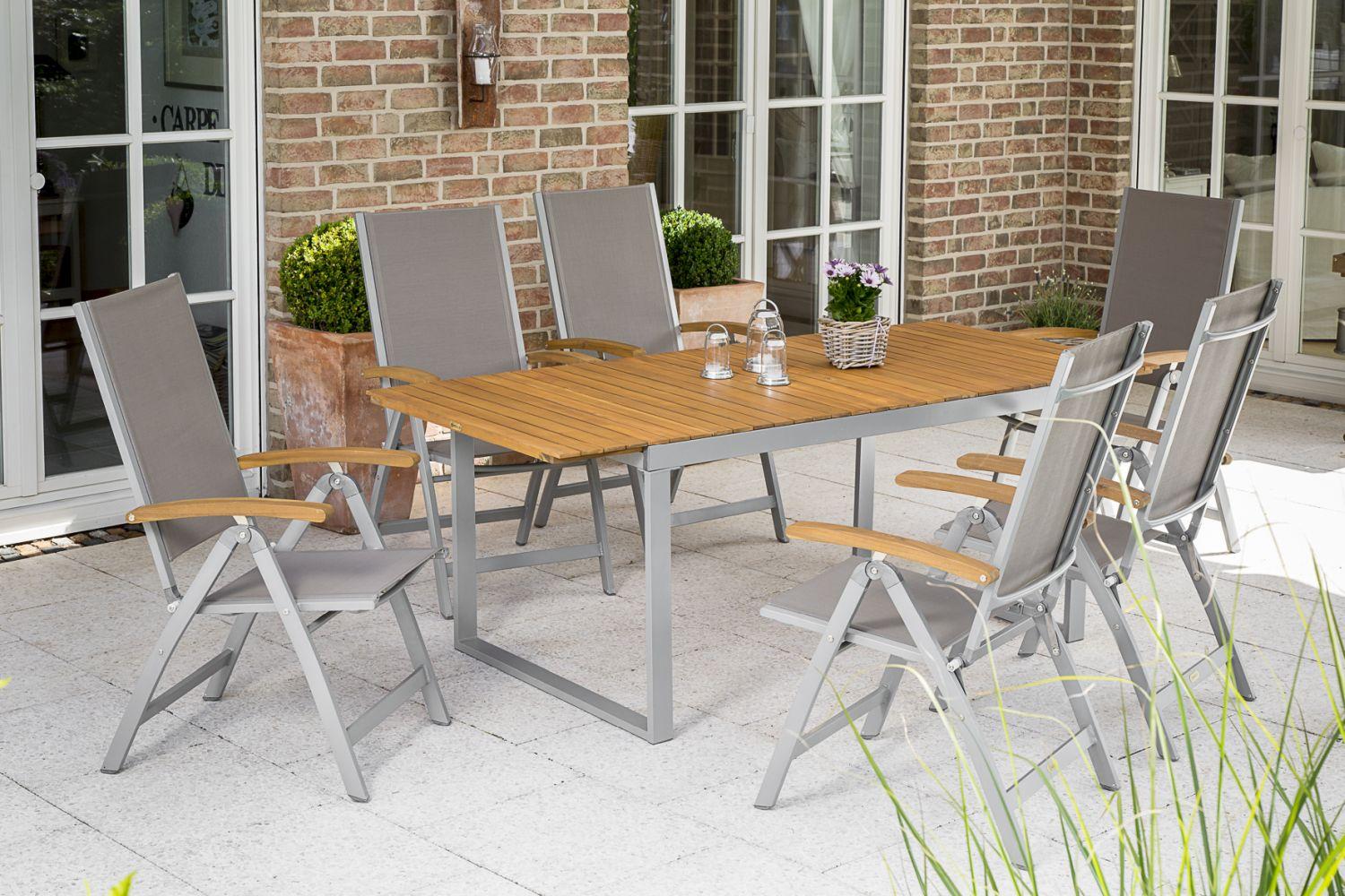 Gartentischgruppe "Naxos", 7-Teilig ausziehbar - Silberfarben/Grau, ROMANTIK / LANDHAUS, Holz/Textil - Gardenson