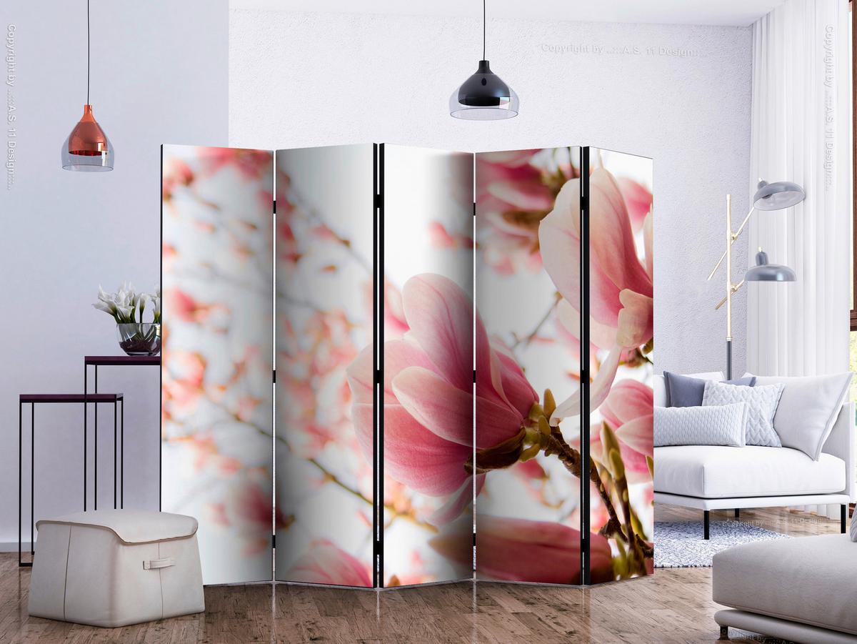 Paravan Pink Magnolia I, 5-Delni, Dvostranski - pink/bela, Basics, tekstil/les (225/172/3cm) - artgeist