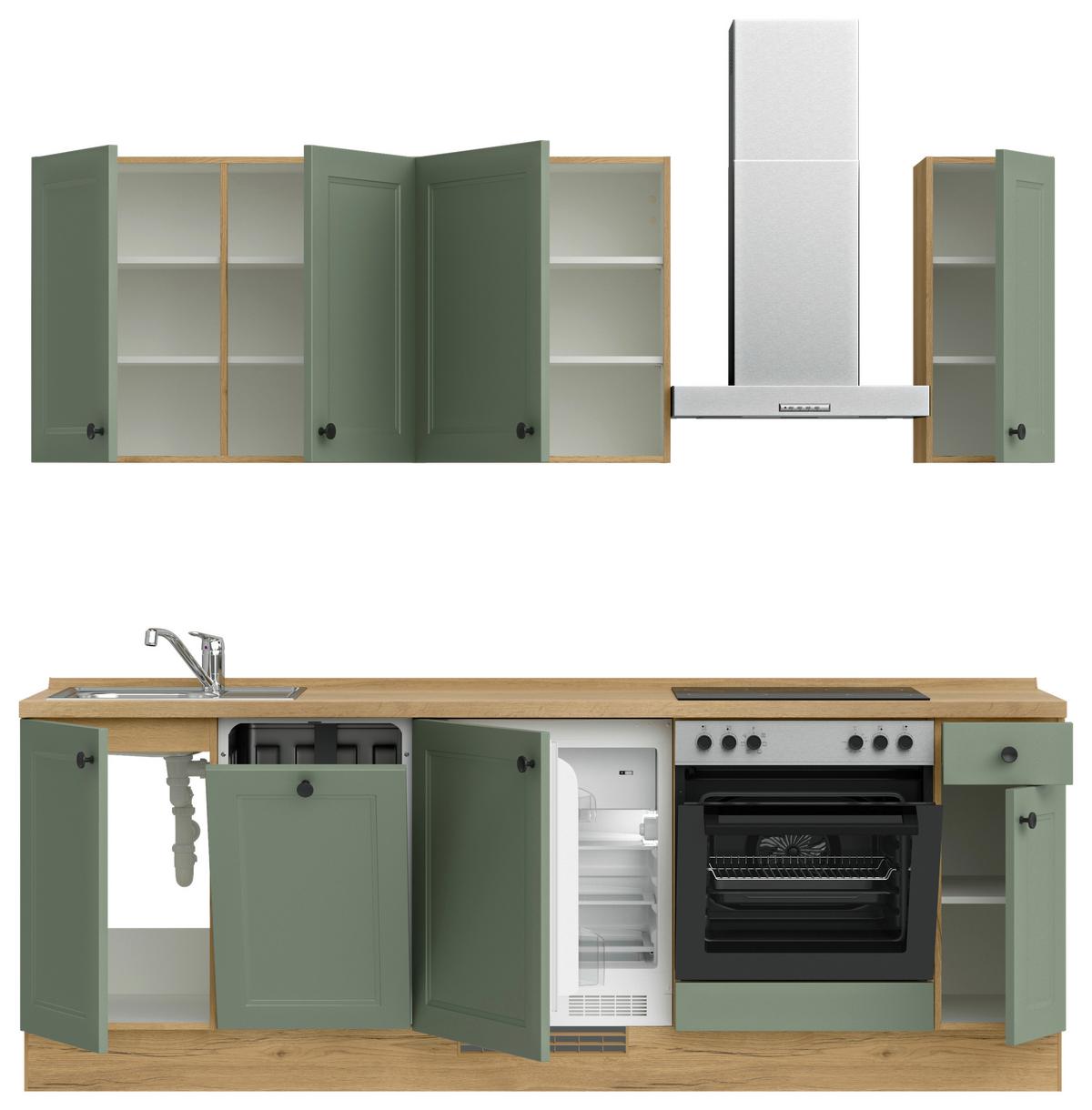 Küchenblock Cascada Low m. Geräten Schilfgrün - Schilfgrün/Eichefarben, MODERN, Holzwerkstoff/Metall (240cm) - Nobilia