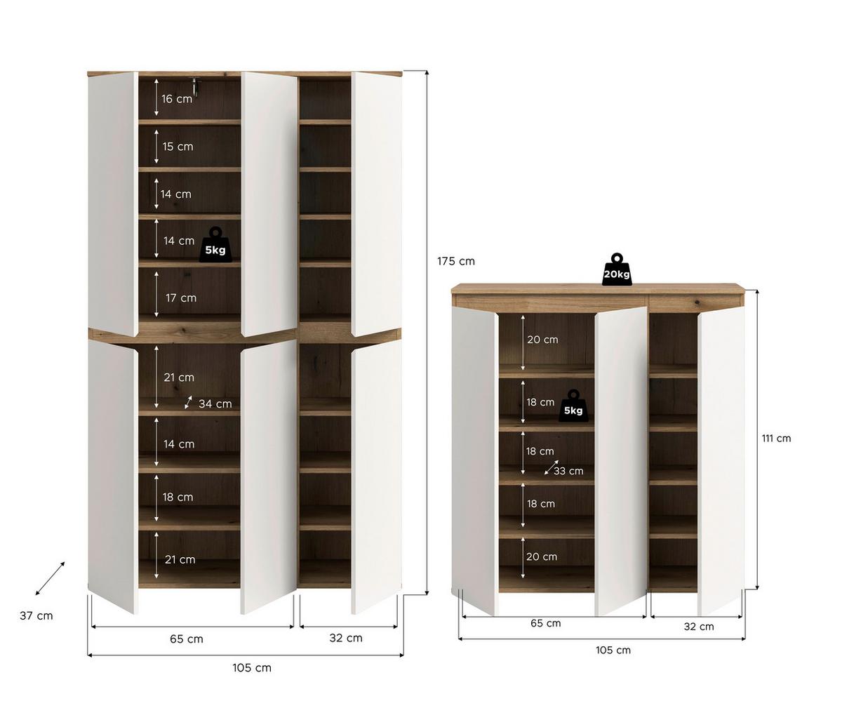 Garderobenschrank Scarpa Weiß/Eiche - Eichefarben/Schwarz, Design, Holzwerkstoff/Kunststoff (235/175/37cm) - Livetastic