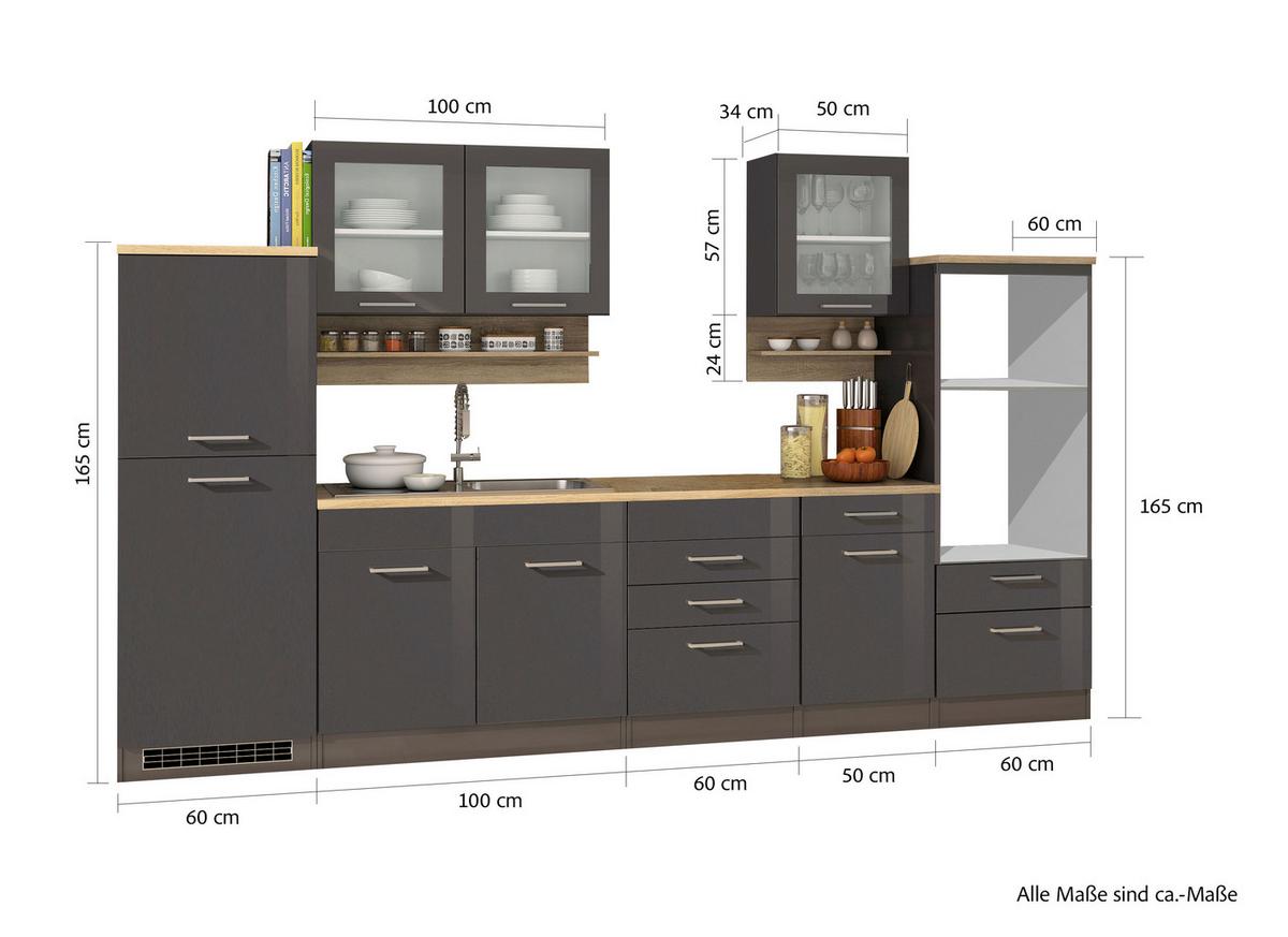 Küchenleerblock Mailand o. Geräte Graphitfarben - Silberfarben/Graphitfarben, MODERN, Glas/Holzwerkstoff (330cm) - Held