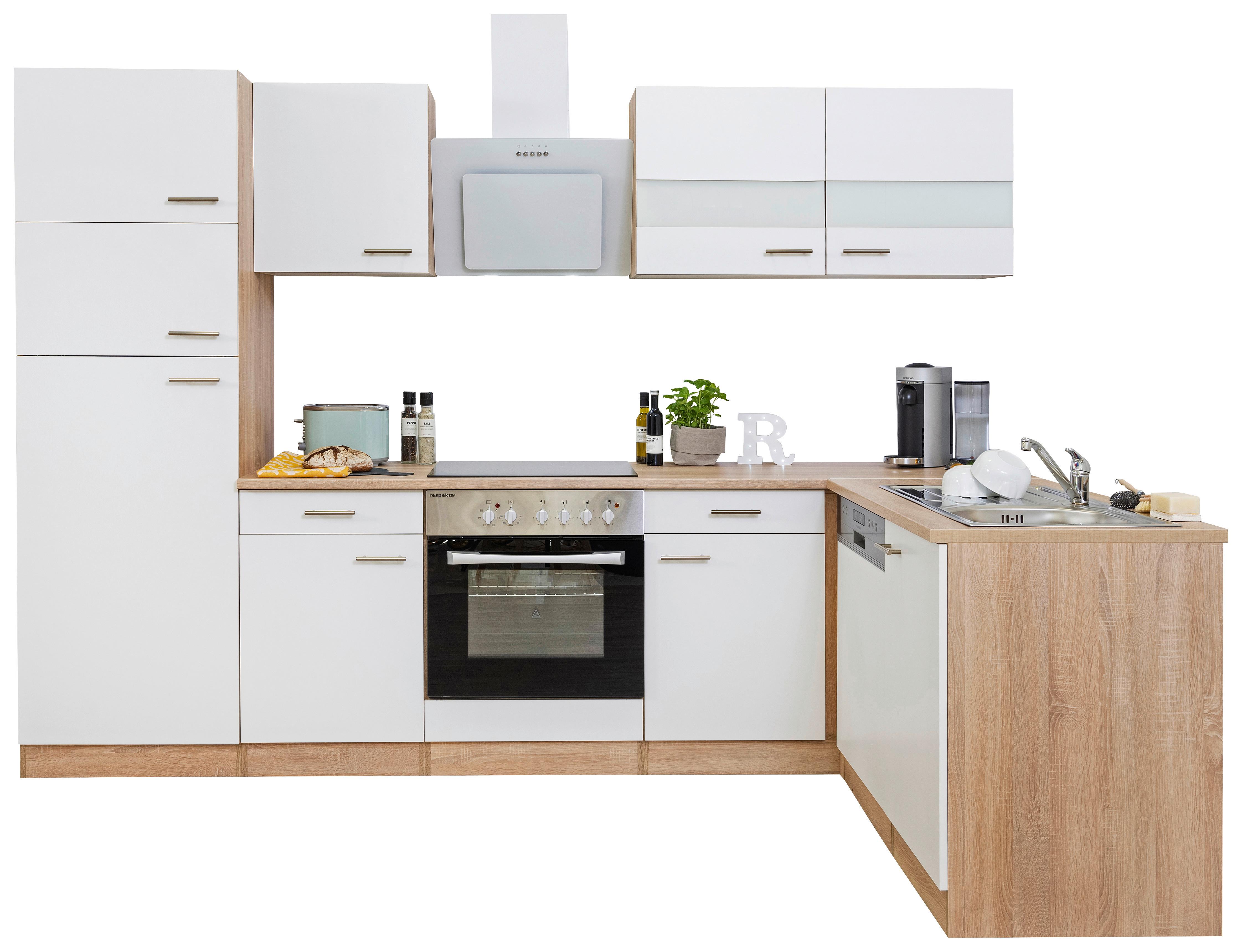 Eckküche Economy Weiß/ Eichefarben ca. 280x172 cm - Edelstahlfarben/Eichefarben, Basics, Holzwerkstoff/Metall (280/172cm) - Respekta
