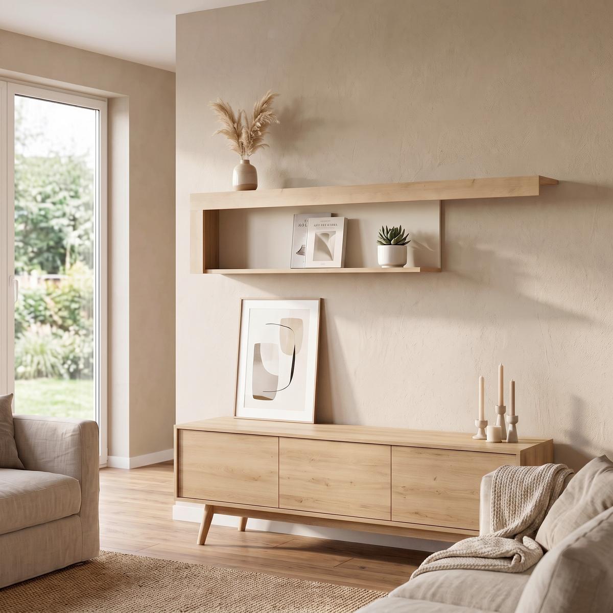 Zidna Polica Lyon - boje hrasta/bijela visoki sjaj, Trend, drvni materijal (130/27,6/20,1cm) - Modern Living
