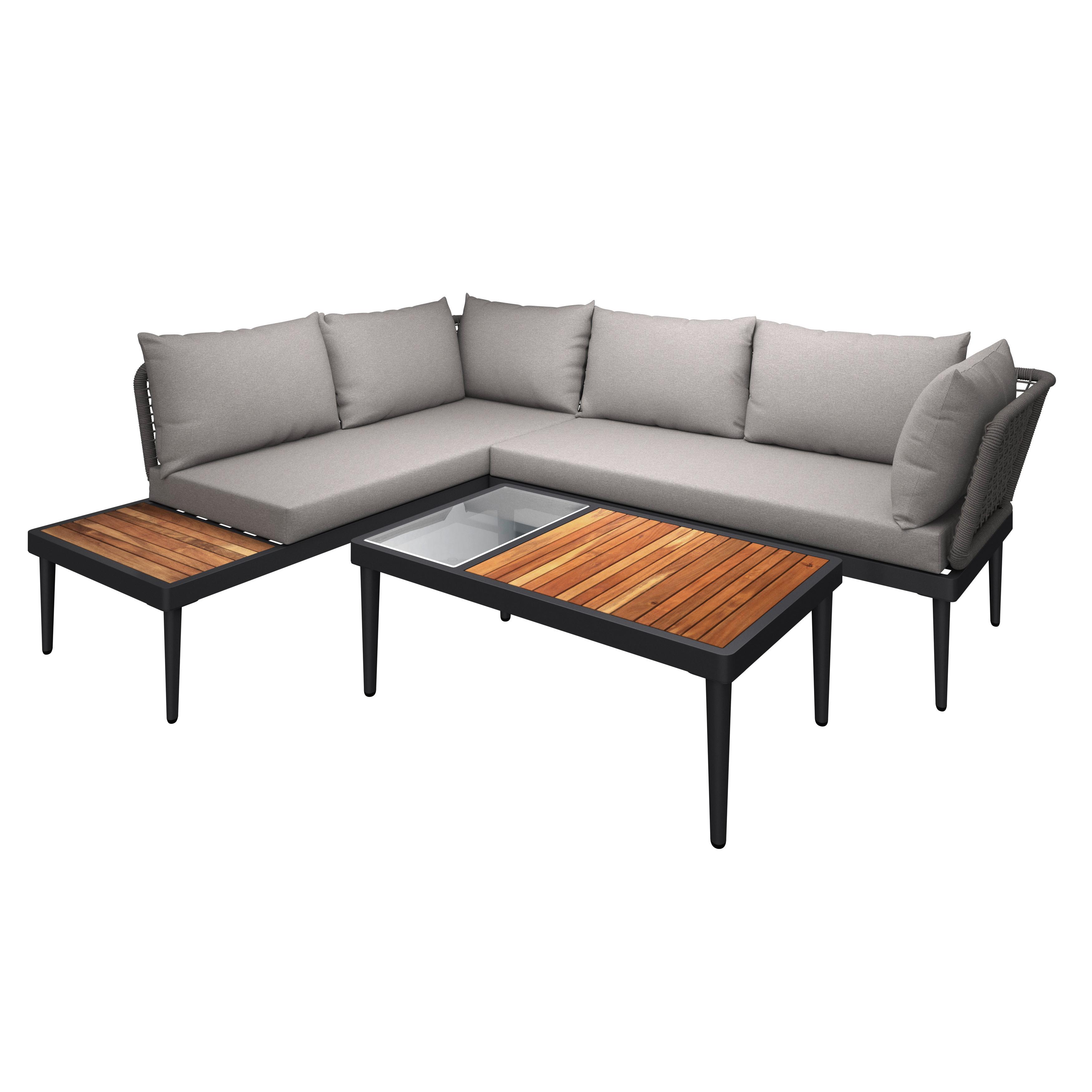 Lounge Garnitura Basel, Siva, Akacija, 3-Delno - siva/naravne barve, Moderno, kovina/steklo (186/150cm) - Beldano