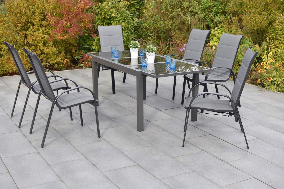 Gartentischgruppe Amalfi 7-tlg. Graphitfarben - Graphitfarben/Grau, KONVENTIONELL, Glas/Textil - Gardenson