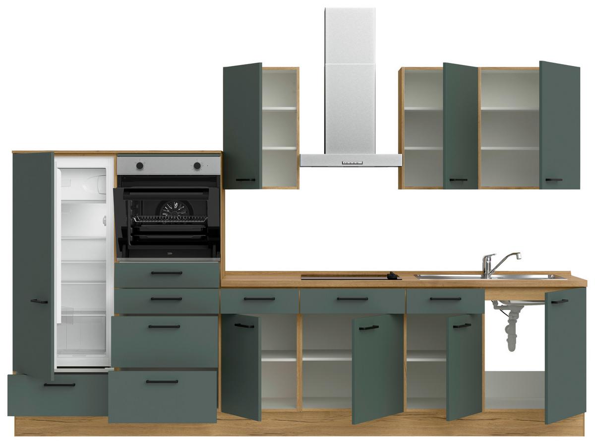 Küchenblock Easytouch Low m. Geräten Dunkelgrün - Dunkelgrün/Eichefarben, MODERN, Holzwerkstoff/Metall (330cm) - Nobilia