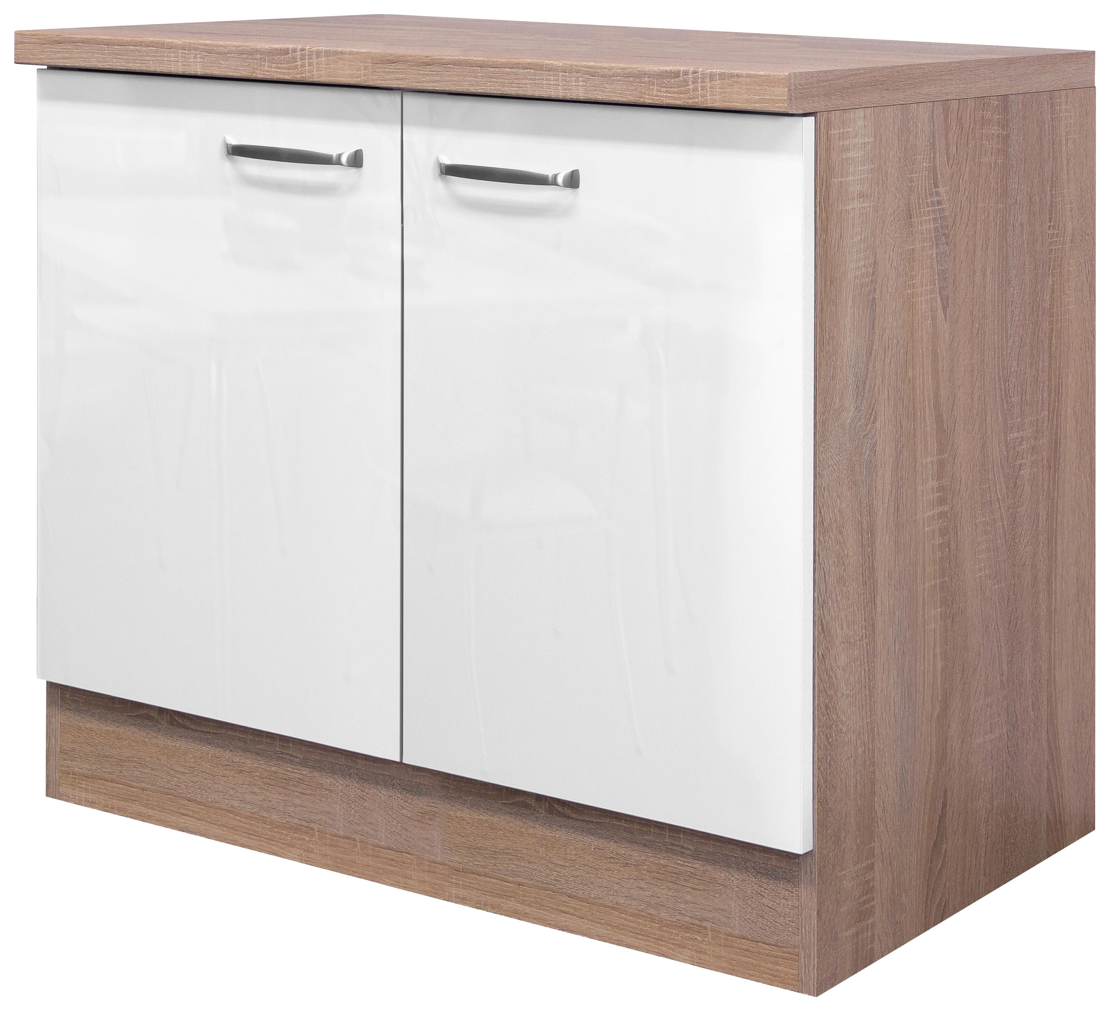 Spülenunterschrank Weiß Hochglanz/Eiche - Edelstahlfarben/Weiß Hochglanz, MODERN, Holzwerkstoff/Metall (100/86/60cm) - FlexWell