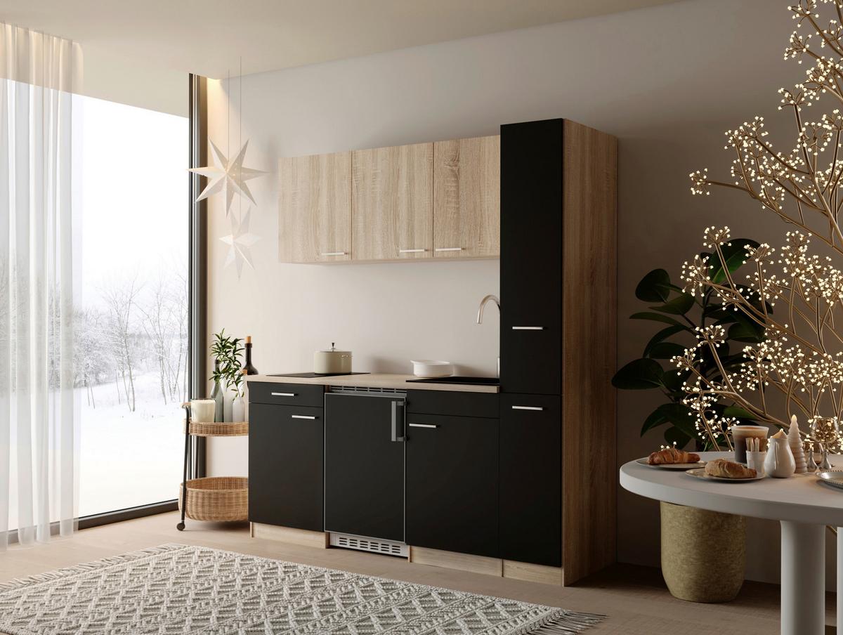 Küchenblock Ingrid m. Geräten Schwarz - Eichefarben/Schwarz, Design, Holzwerkstoff/Kunststoff (180cm) - Respekta