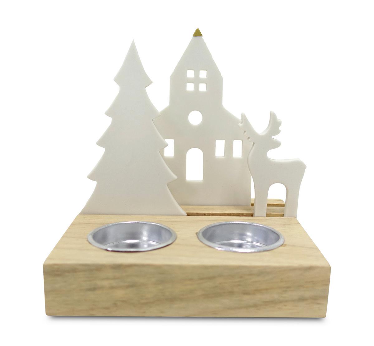 Kerzenhalter Emma Weiß/Naturfarben - Naturfarben/Weiß, KONVENTIONELL, Holz/Keramik (12/14,5/14cm) - Modern Living