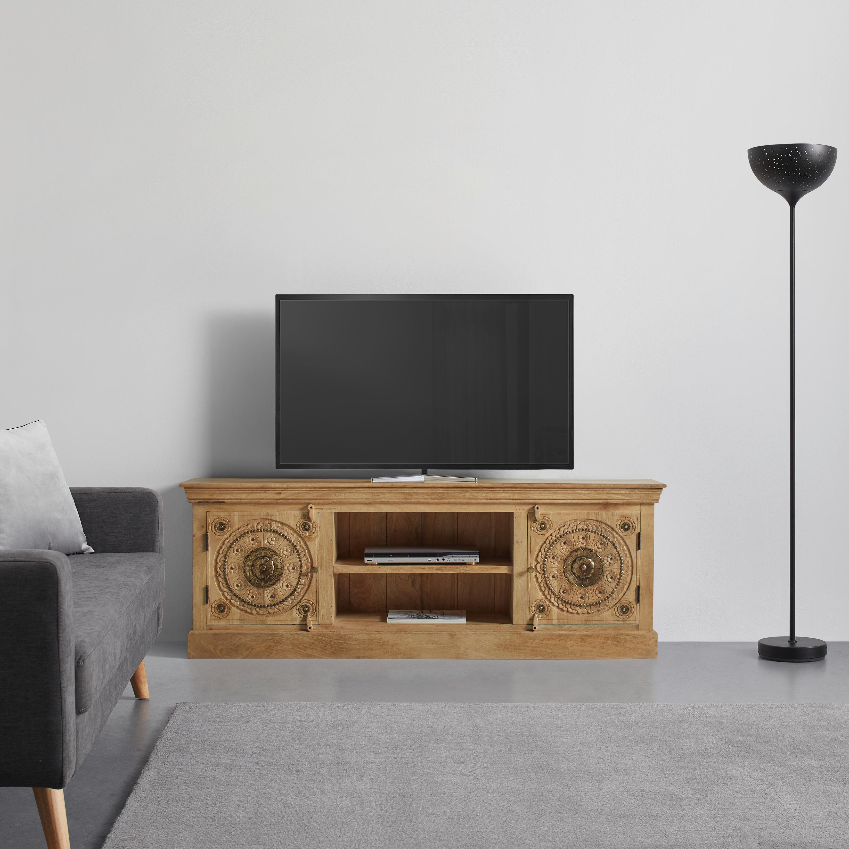 Lowboard Amila Natur/Gold aus Mangoholz, Messing Dekor - Goldfarben/Naturfarben, LIFESTYLE, Holz/Metall (180/65/40cm) - Premium Living
