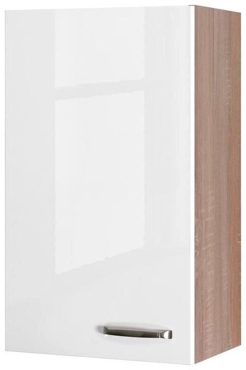 Küchenoberschrank Weiß Hochglanz/Eiche - Edelstahlfarben/Weiß Hochglanz, MODERN, Holzwerkstoff/Metall (50/89/32cm) - FlexWell