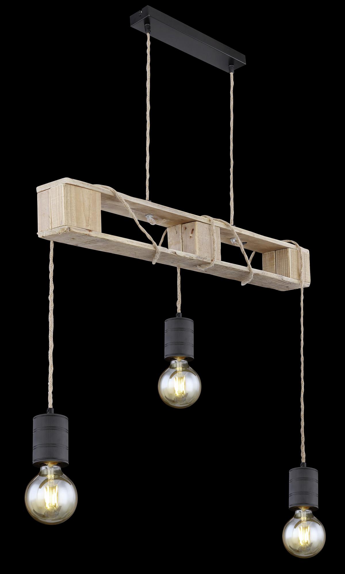 Hängeleuchte Joelle max. 60 Watt - Schwarz/Braun, Natur, Naturmaterialien/Holz (83/10/120cm) - Globo