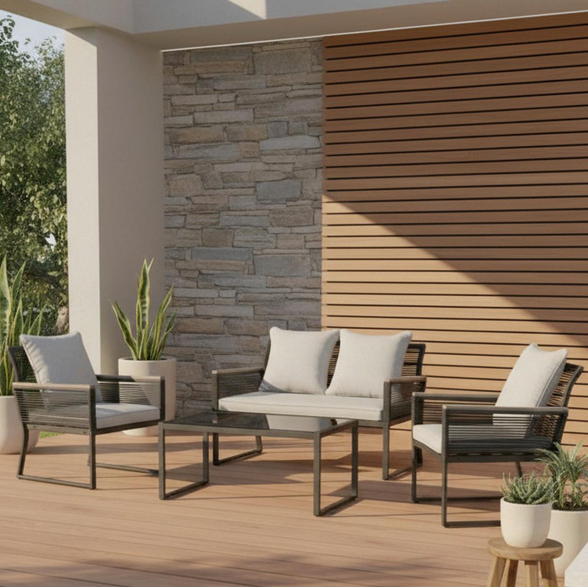 Gartenlounge Paulina Hellgr. Metall/textil - Hellgrau/Schwarz, Modern, Glas/Kunststoff (106/74/70,5cm) - Bessagi Garden