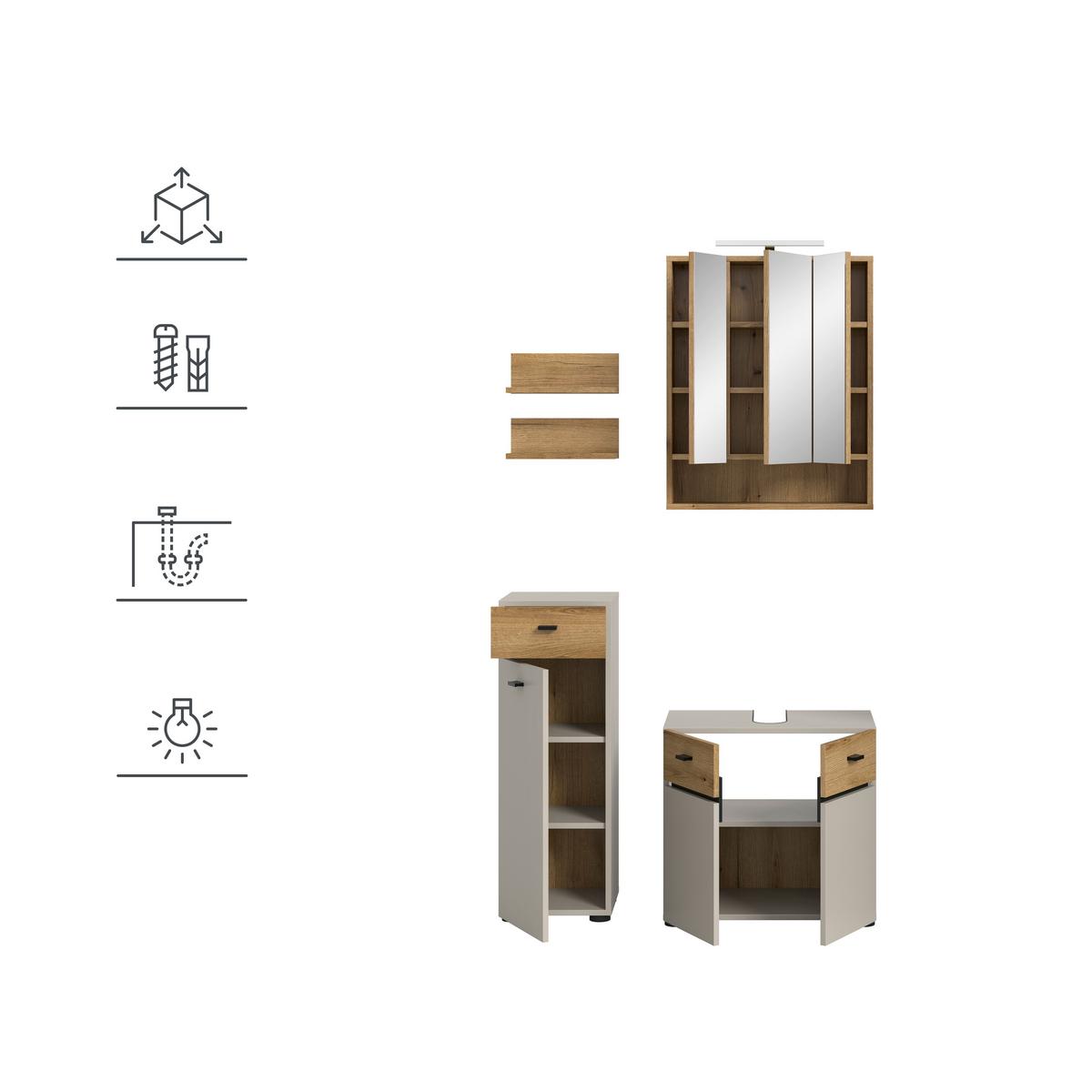 Badezimmer Aqua Eichefarben/Kaschmir - Kaschmir/Eichefarben, Trend, Glas/Holzwerkstoff (92cm) - MID.YOU