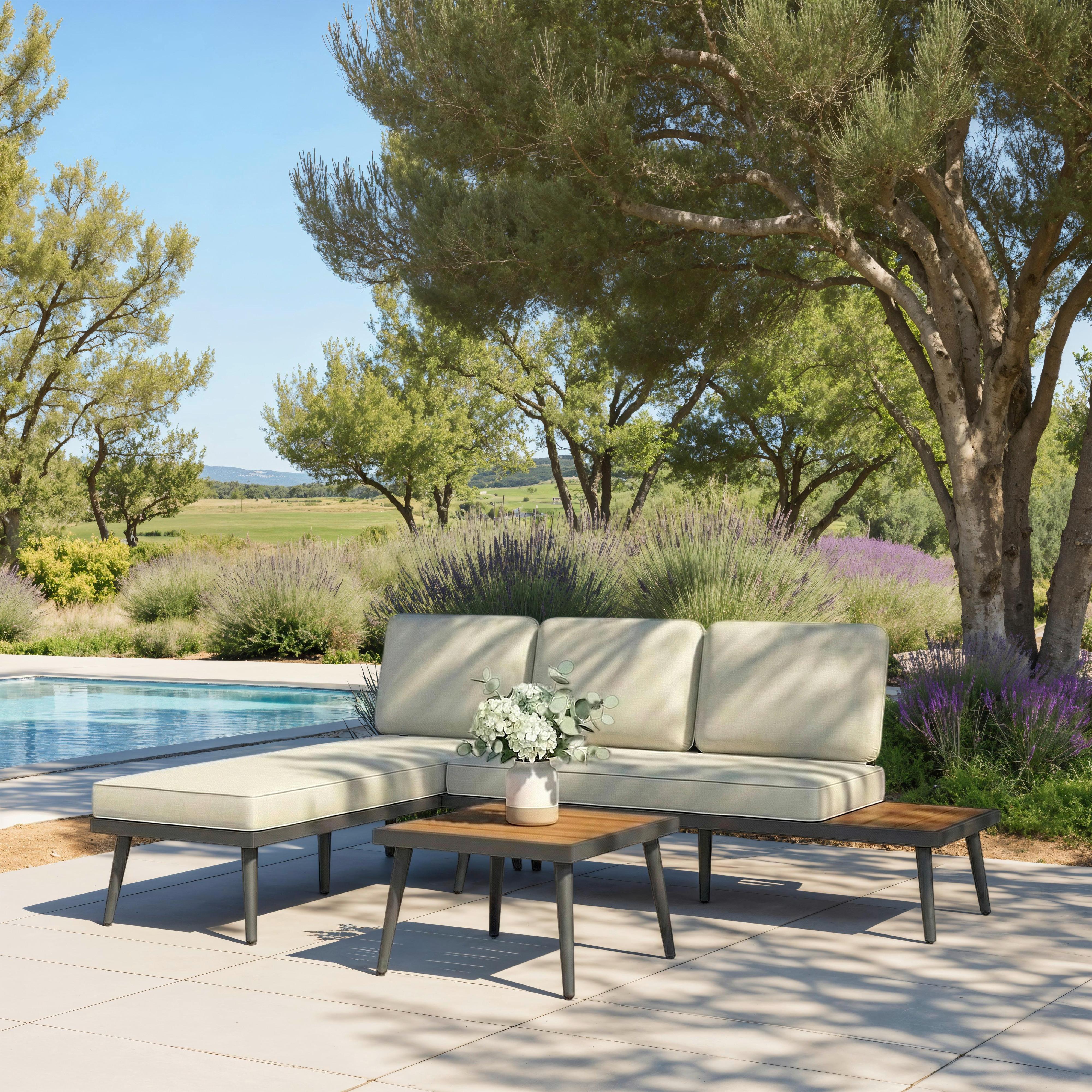 Loungegarnitur Sallie Creme Holz/Metall/Outdoorstoff - Hellgrau/Naturfarben, MODERN, Holz/Metall - Bessagi Garden