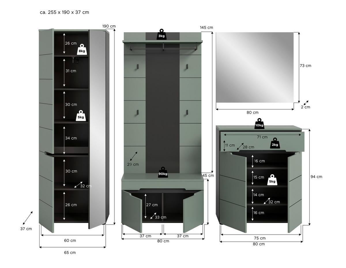 Predsoba Canu, Sivozelena, 5-Delna - siva/sivozelena, Design, leseni material (255/190/37cm) - Livetastic