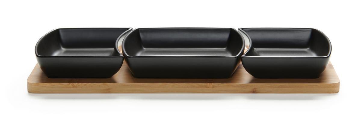 Set de boluri pentru gustări TAPAS - 3 - negru, Modern, ceramică/lemn (44/16.5/5.5cm) - Modern Living