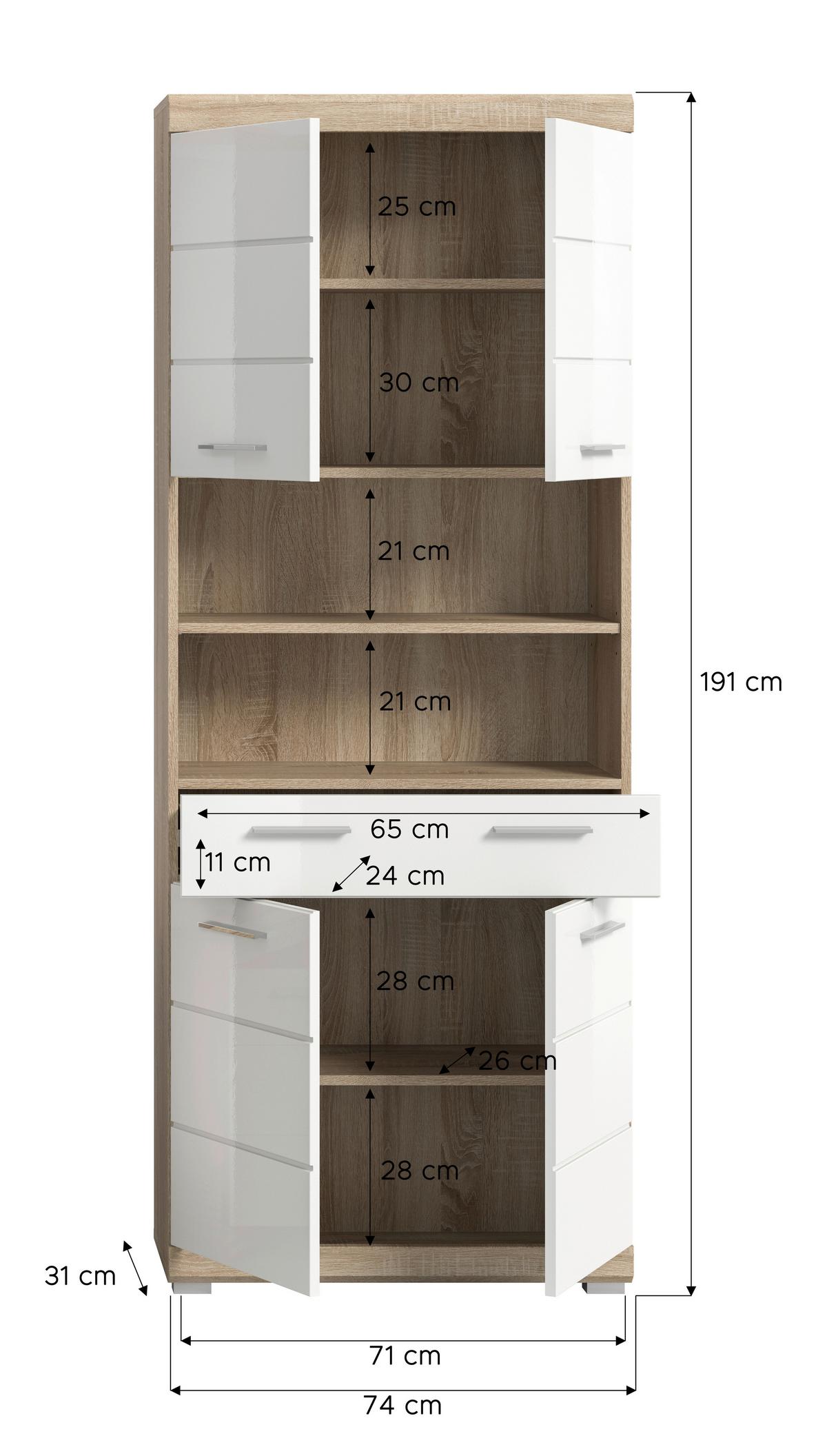Hochschrank Lambada ca. 74x191 cm Sonom Eiche/Weiß - Weiß Hochglanz/Silberfarben, MODERN, Holzwerkstoff/Kunststoff (74/191/31cm) - MID.YOU