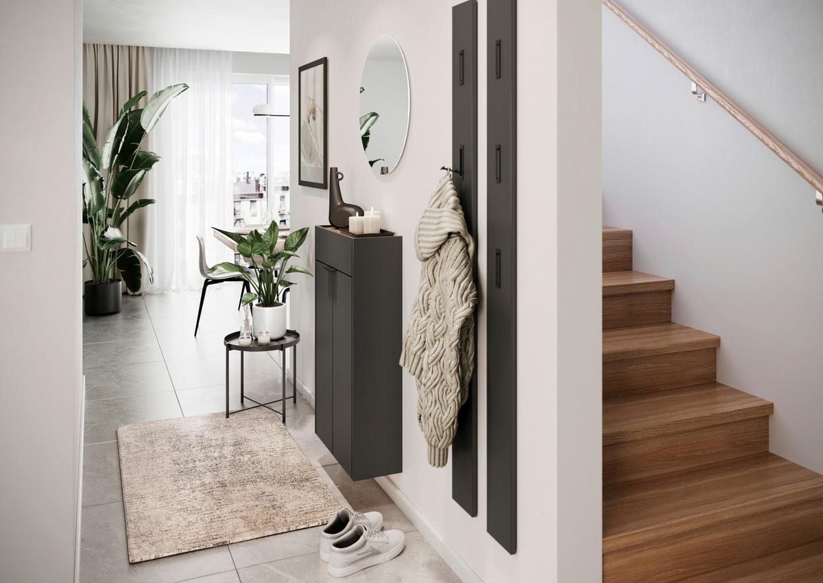 SZAFKA NA BUTY GW-AMECA - kolor dębowy/czarny, Design, materiał drewnopochodny/tworzywo sztuczne (56/97/22cm)