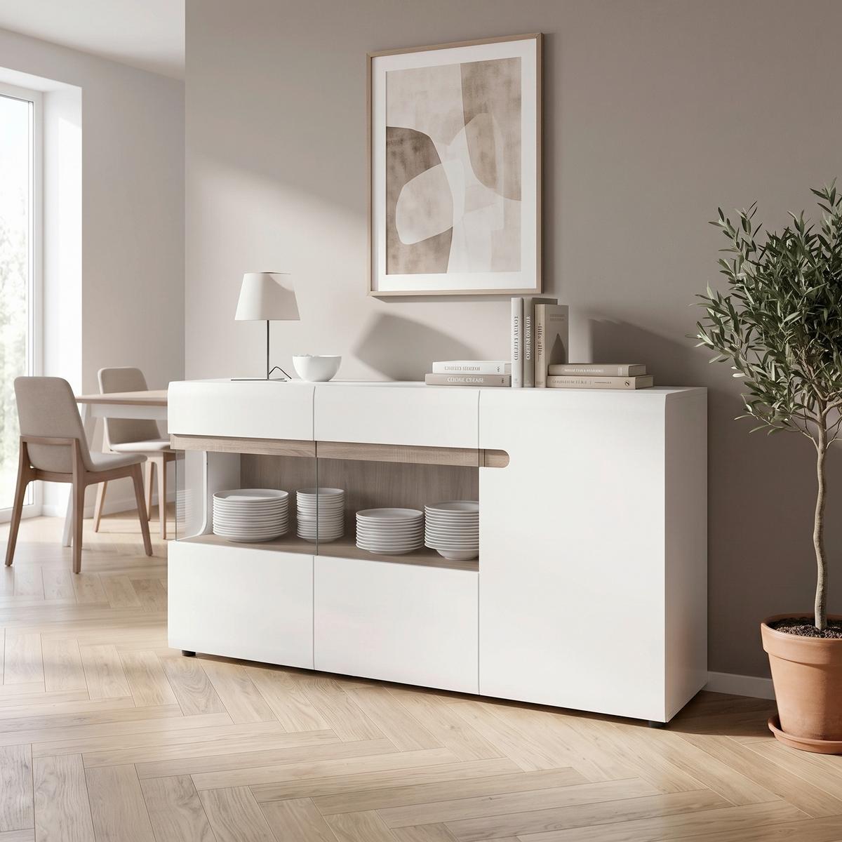 Comodă Linate - alb/culoare lemn stejar pufos, Modern, sticlă/material pe bază de lemn (164/86,5/41,9cm) - Modern Living
