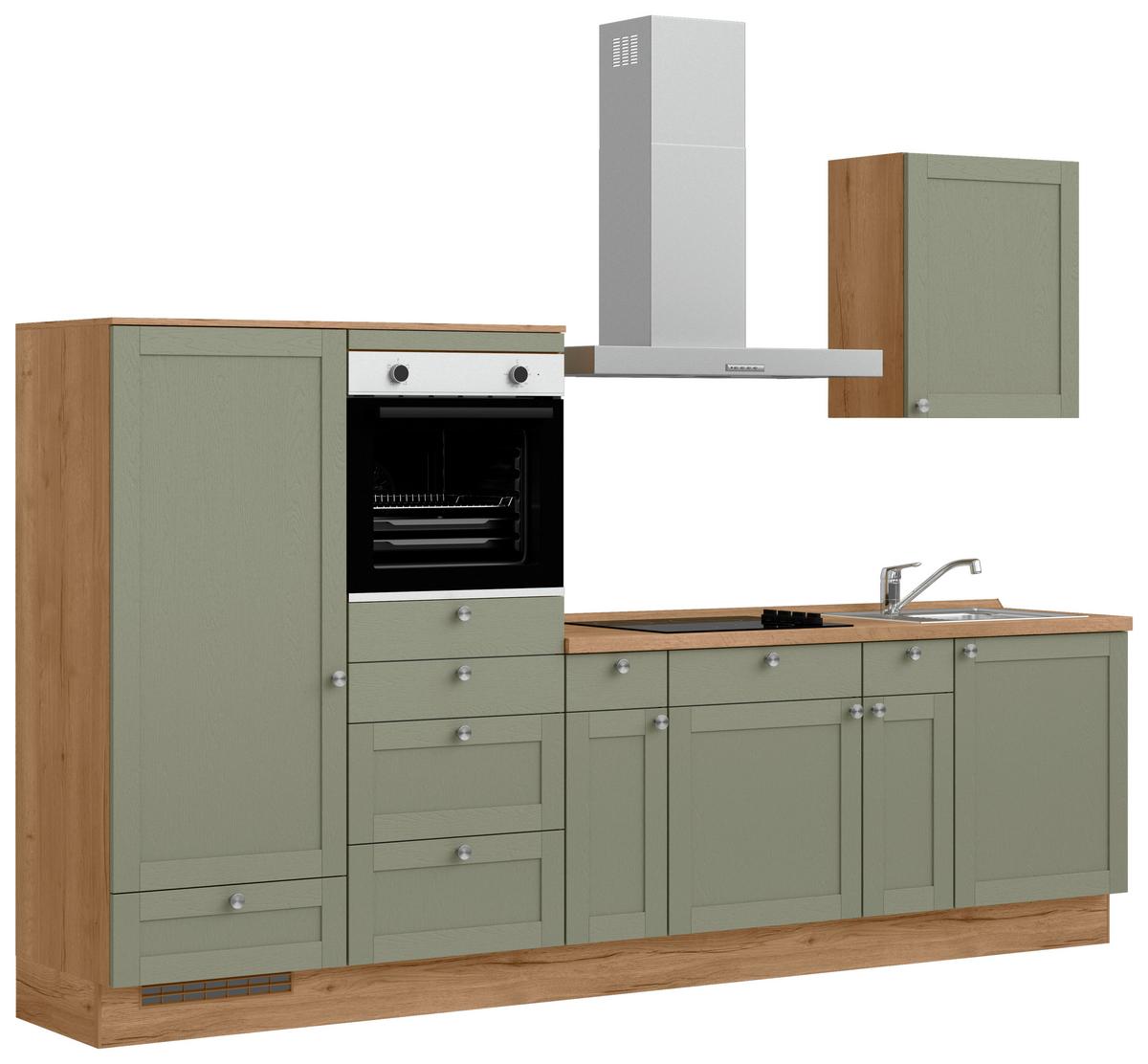 Küchenleerblock Frame Low o. Geräte Olivgrün - Edelstahlfarben/Eichefarben, MODERN, Holzwerkstoff/Metall (300cm) - Nobilia