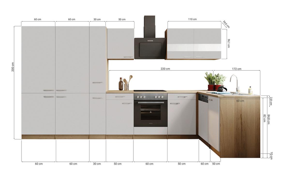 Eckküche Merle m. Geräten ca. 370x172cm Grau - Edelstahlfarben/Eichefarben, Trend, Holzwerkstoff/Metall (370/172cm) - Respekta