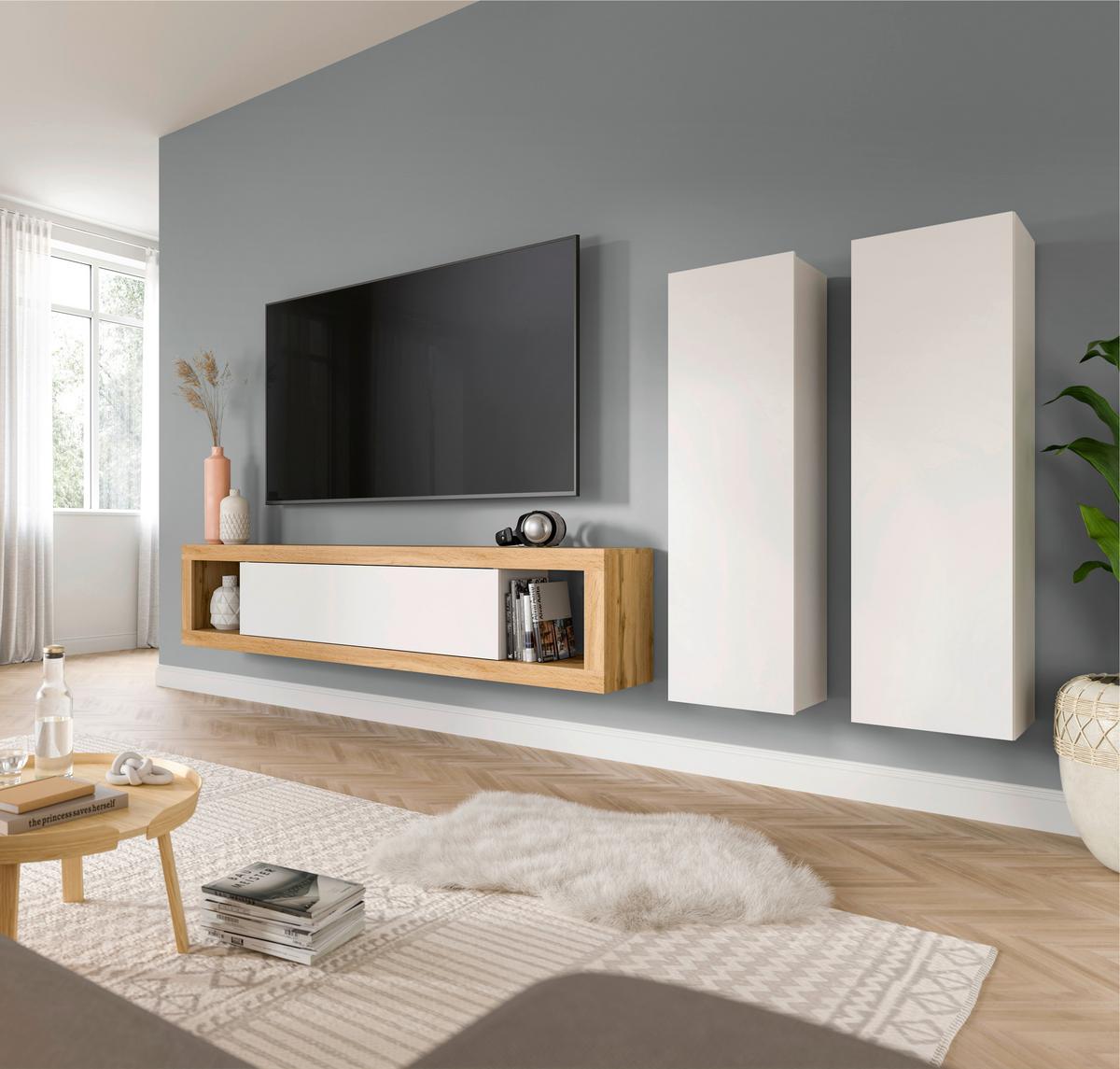 Ansamblu mobilier camera de zi TANGO - alb/stejar Wotan, Design, material pe bază de lemn (270/135/30cm) - Modern Living
