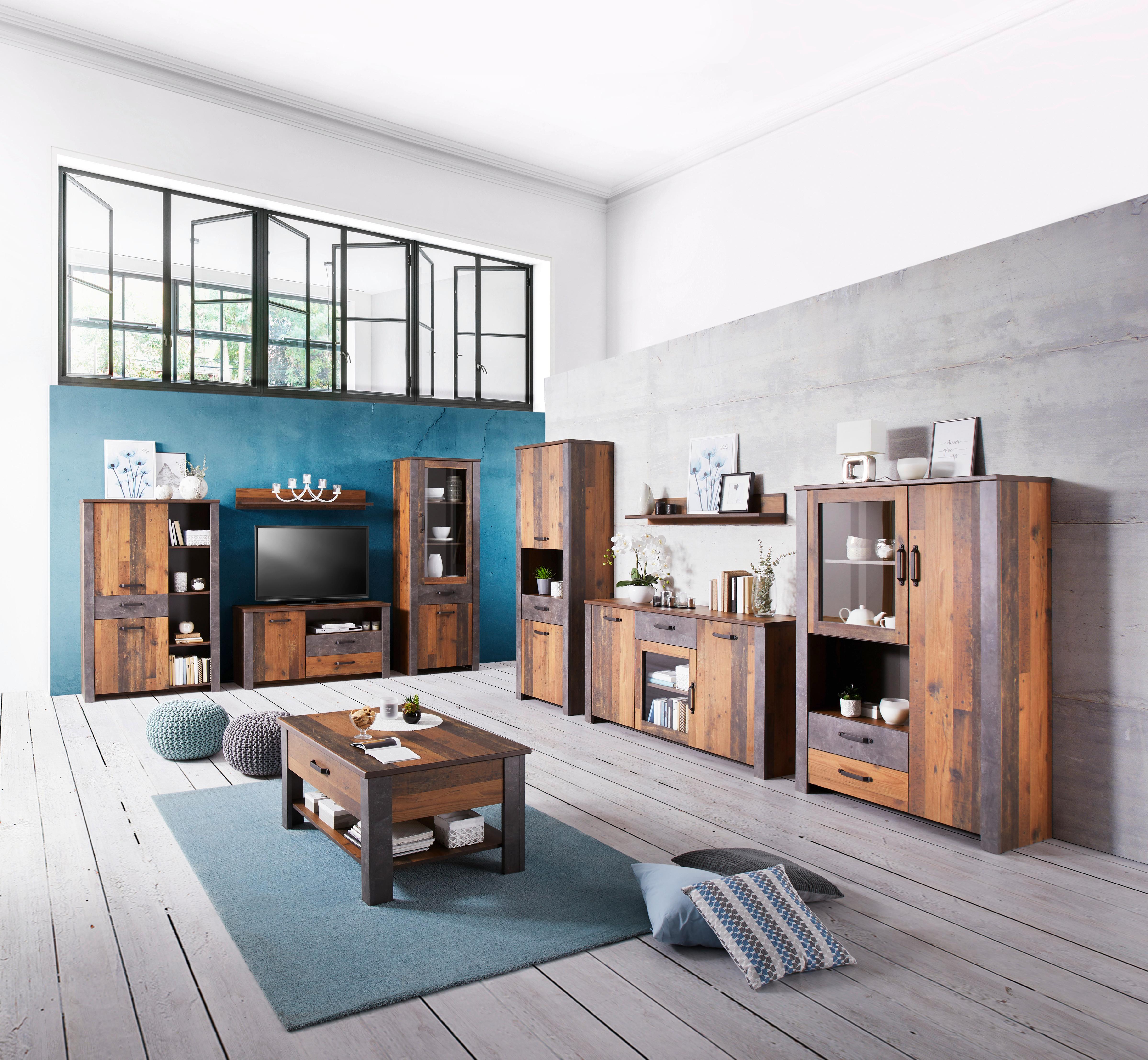 Servantă Ontario - gri închis/culoare lemn stejar, Trend, sticlă/material pe bază de lemn (162/86/41,5cm) - Modern Living
