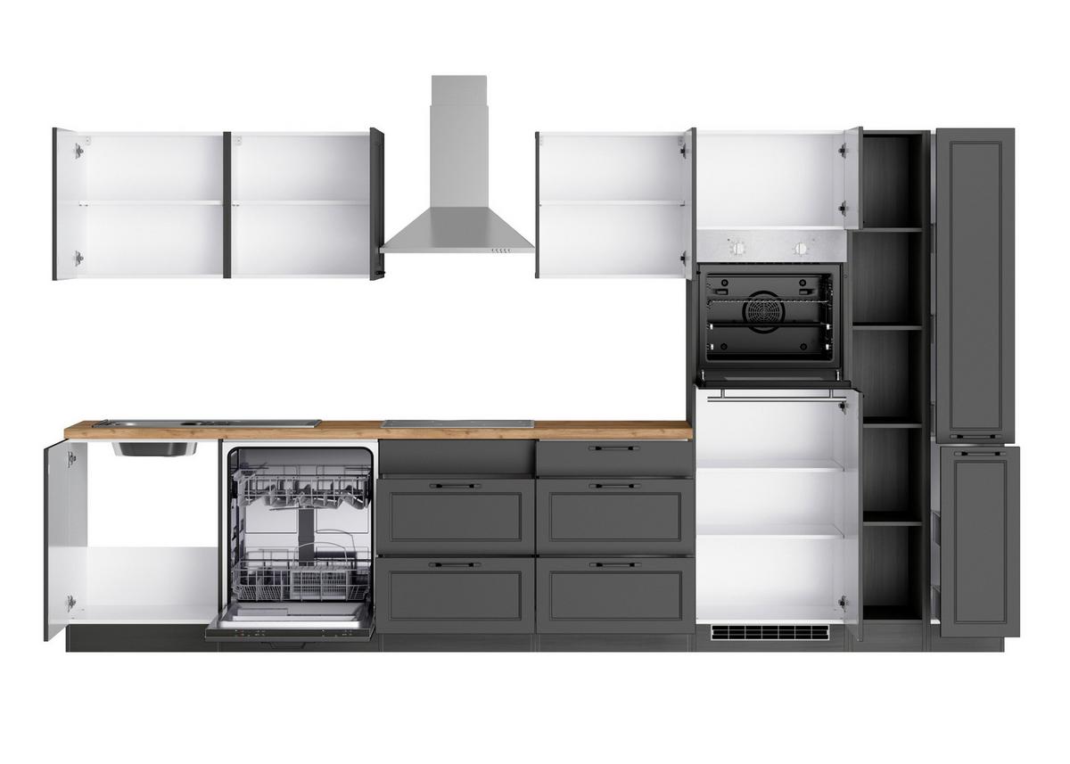 Küchenzeile Meran  mit Geräten ca. 360 cm Grau/Eiche Dekor - Eiche Wotan/Schwarz, LIFESTYLE, Holzwerkstoff/Metall (360cm) - Held