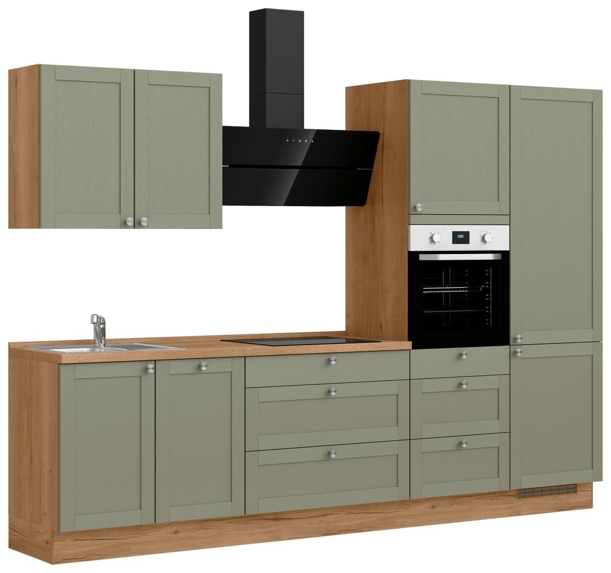 Küchenblock Senso High m. Geräten Olivgrün - Eichefarben/Schwarz, MODERN, Holzwerkstoff/Metall (300cm) - Nobilia