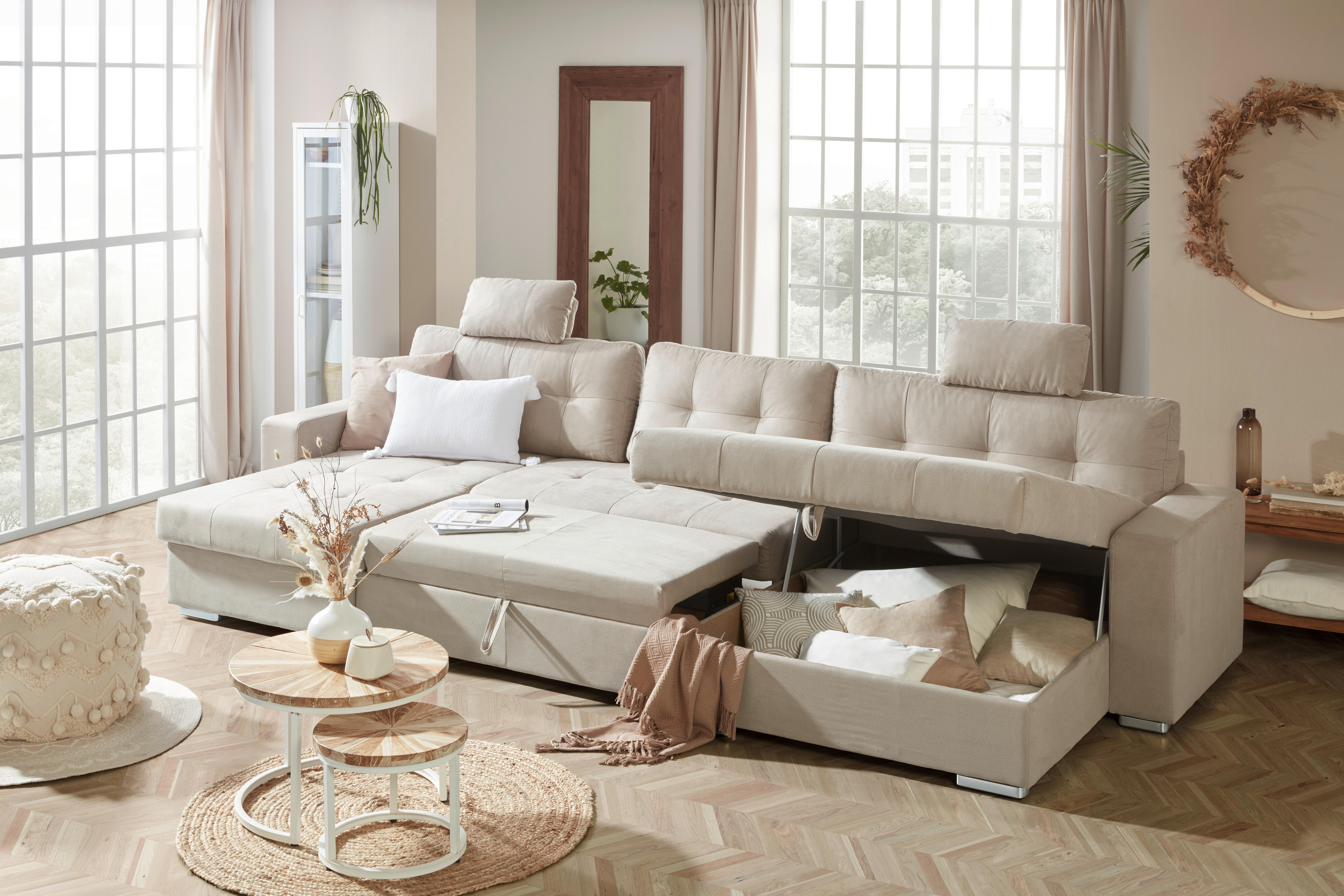 Wohnlandschaft in Beige mit Bettfunktion - Chromfarben/Beige, Modern, Textil (378/87/163cm) - Modern Living