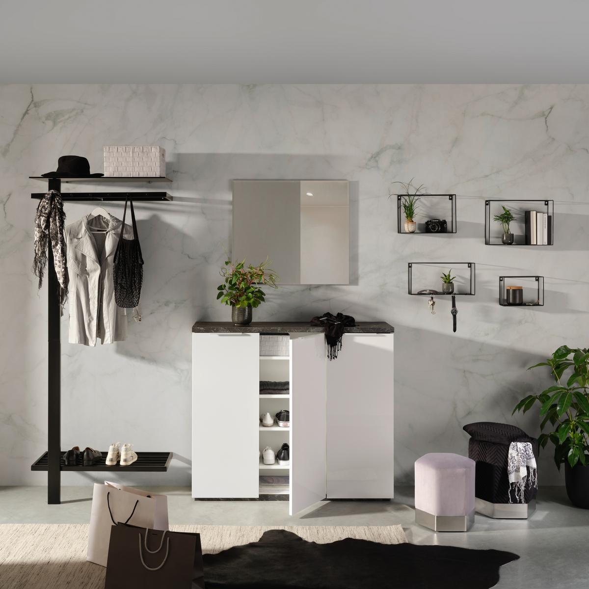Cipősszekrény Mundi - fehér/szürke, Modern, faalapú anyag/fém (120/102/35cm) - Premium Living