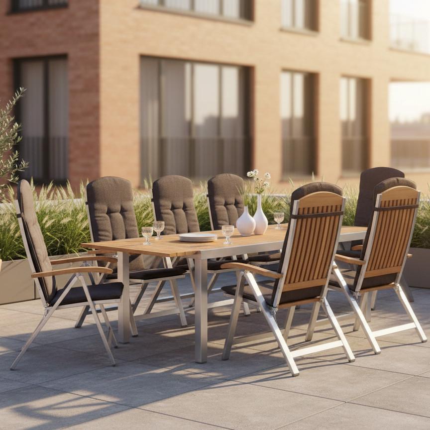 GARTENTISCHGRUPPE KEROS SET 17TLG. - Silberfarben/Naturfarben, ROMANTIK / LANDHAUS, Holz/Textil (180-240/74/100cm) - Gardenson