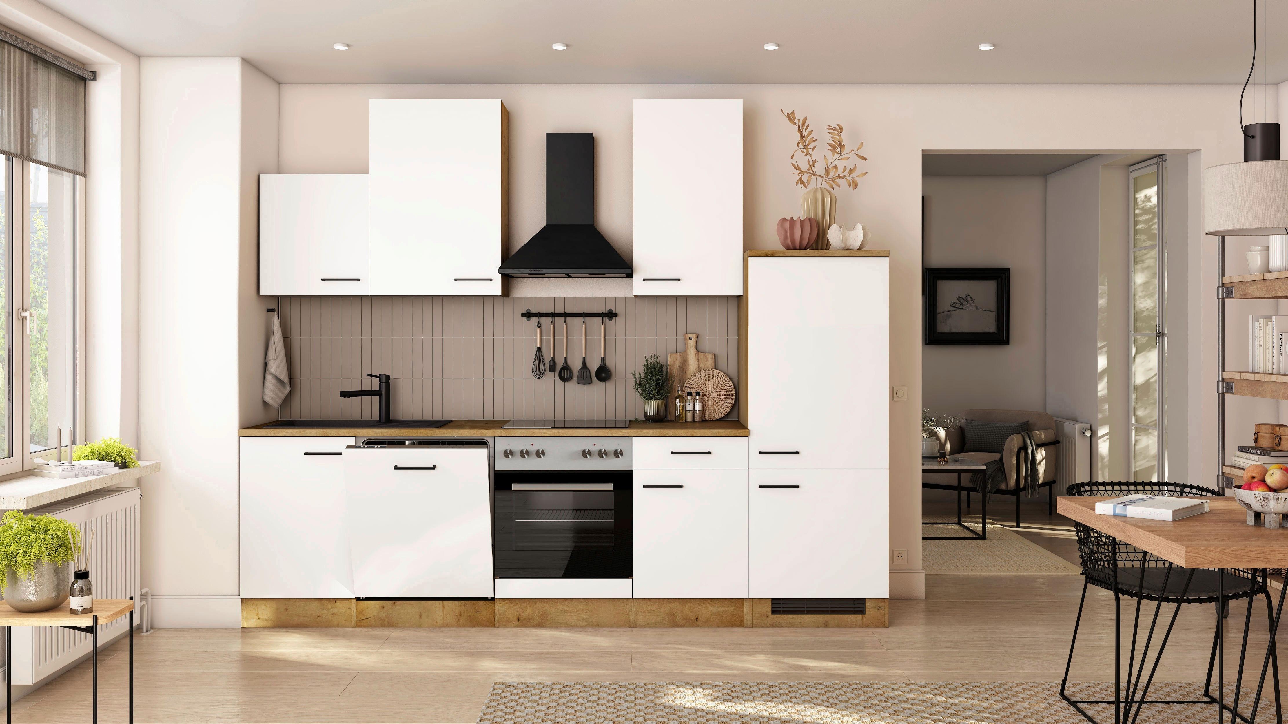 Küchenblock Avila m. Geräten Magnolie - Eichefarben/Magnolie, Trend, Holzwerkstoff/Metall (280cm) - FlexWell