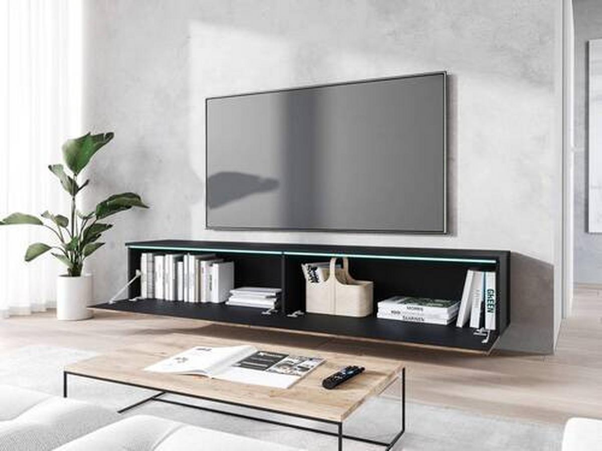 Lowboard ca. 180x30 cm mit LED Fischgräte Eiche Wotan/Schwarz - Eiche Wotan/Schwarz, Basics, Holzwerkstoff/Kunststoff (180/30/33cm) - P & B