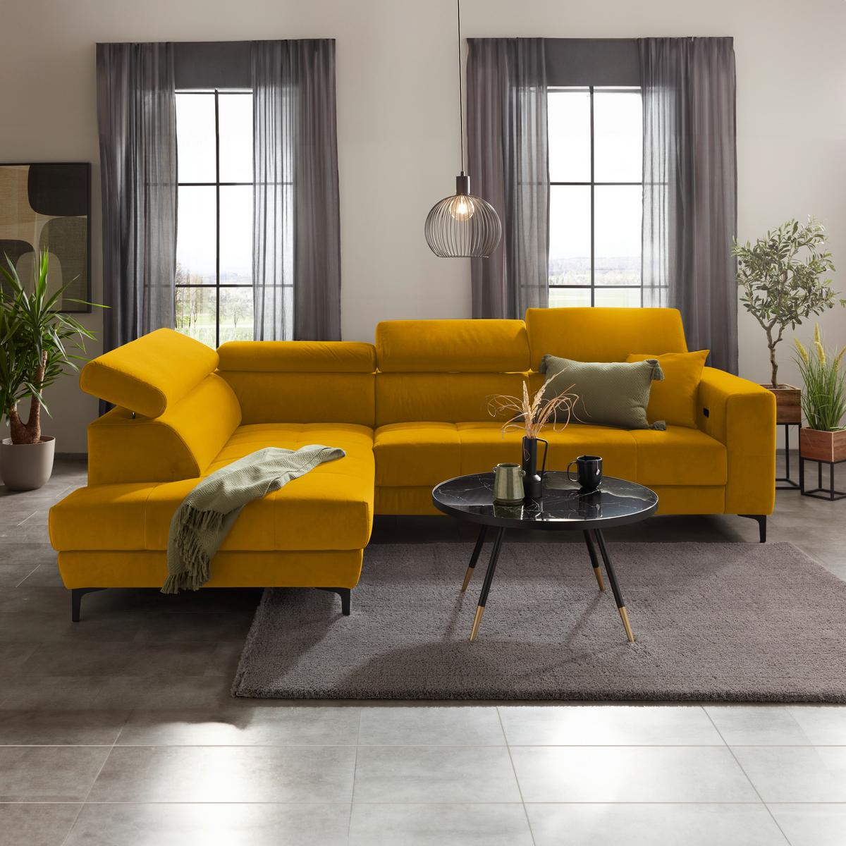 Ecksofa Emma links Gelb - Gelb/Schwarz, MODERN, Textil (210/301cm) - Premium Living
