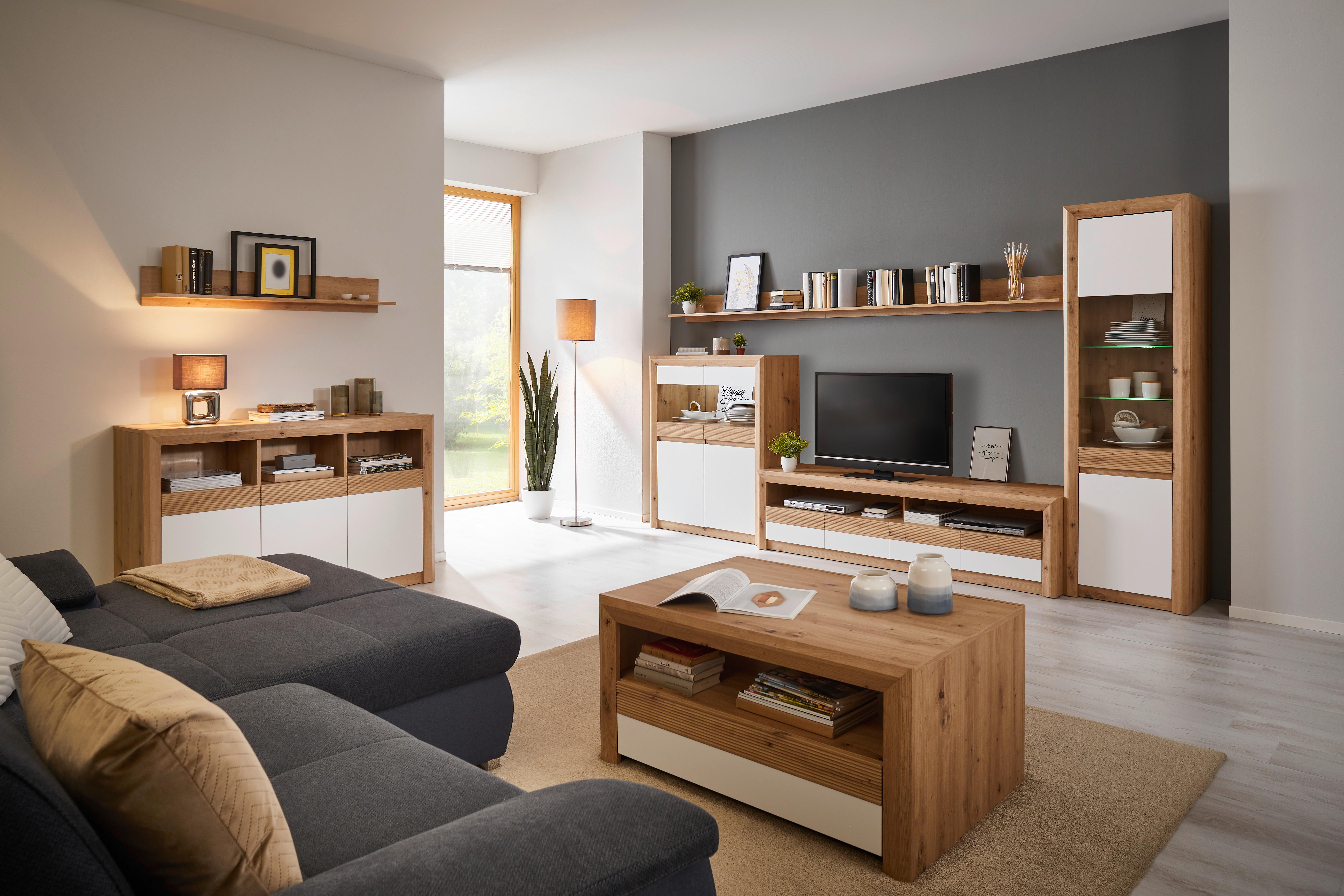 Comodă cu uși KASHMIR NEW - alb/culoare lemn stejar, Modern, material pe bază de lemn (142/89/41cm) - Modern Living