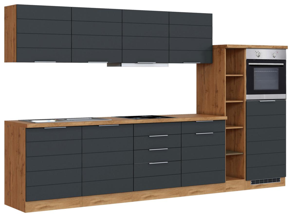 Küchenblock Florenz mit Geräten ca. 330 cm Grau/Eiche - Eiche Wotan/Grau, Design, Holzwerkstoff/Metall (330cm) - Held