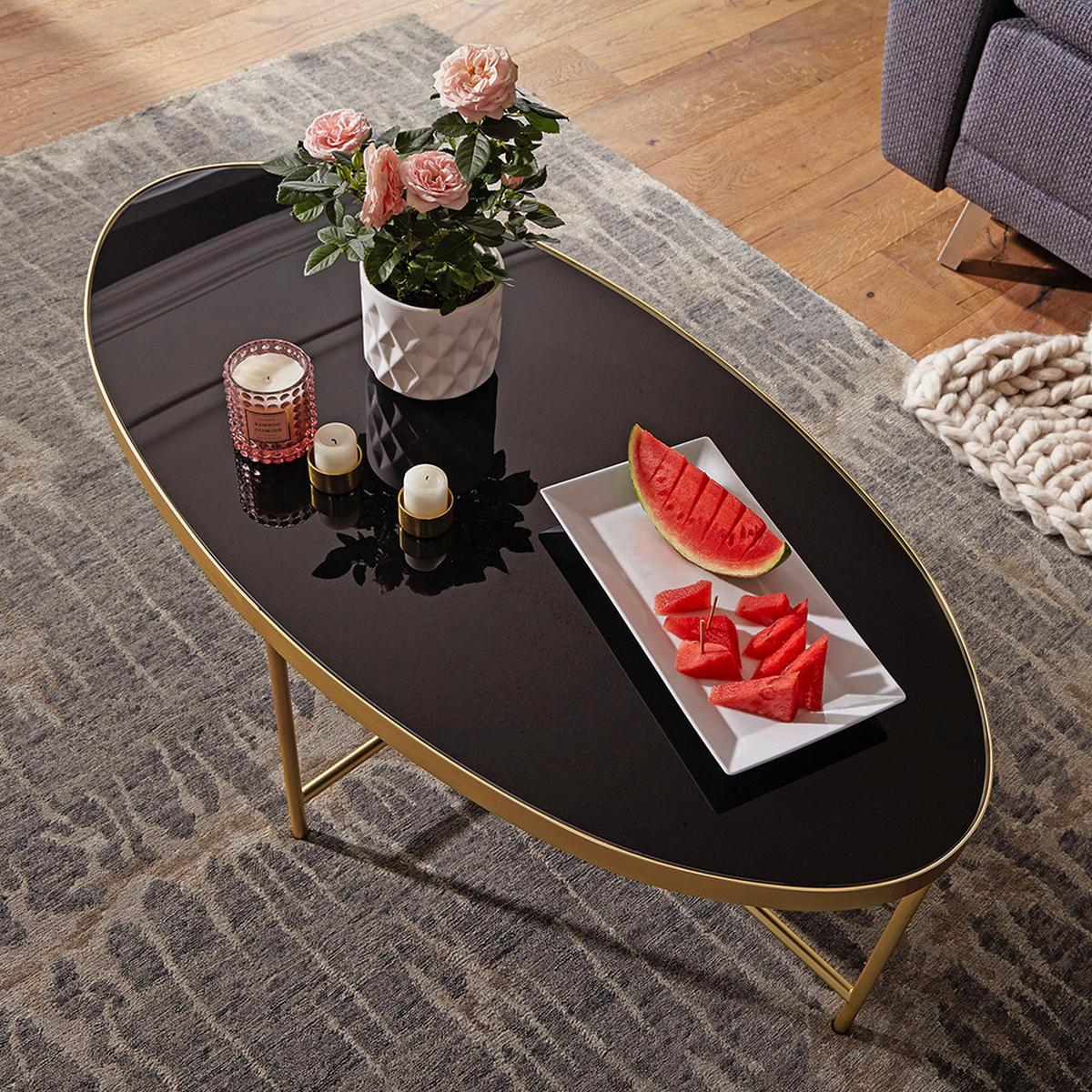 Couchtisch "WL5.993" ca. 110x56 cm, schwarz - Goldfarben/Schwarz, Design, Glas/Metall (110/56/41cm) - MID.YOU