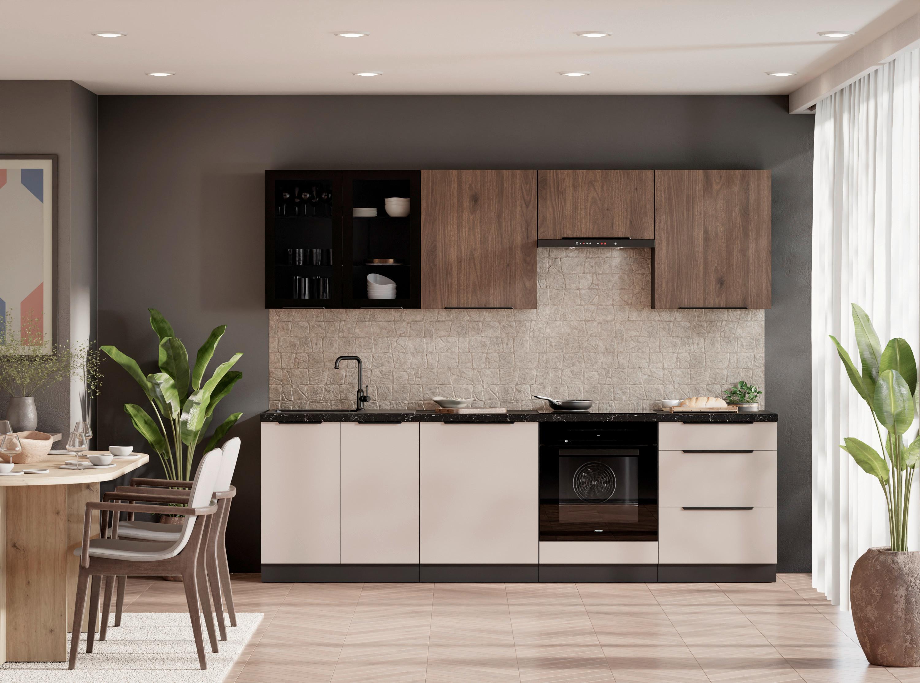 Blok Kuhinja Arona/monza - kašmir/boje oraha, Moderno, staklo/drvni materijal (260/210/60cm) - Modern Living