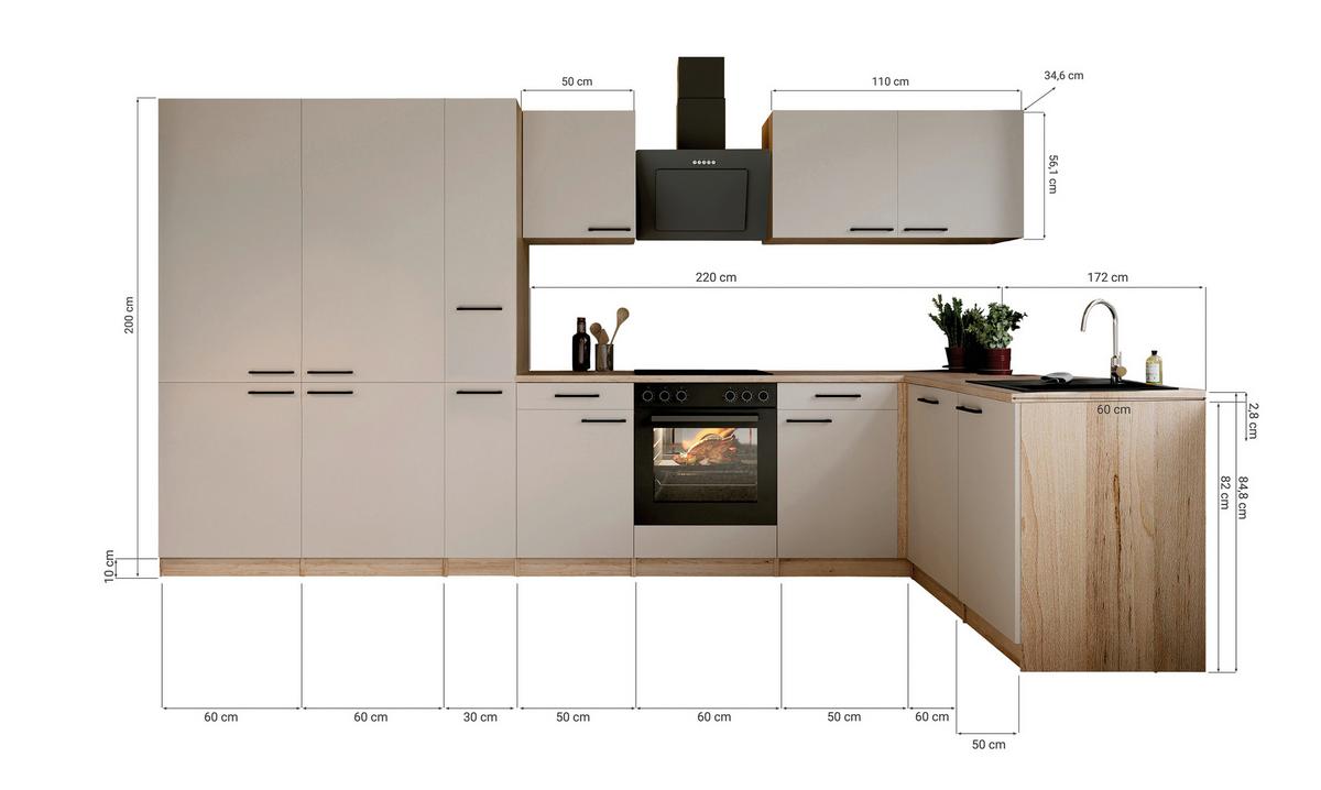 Eckküche Merle m. Geräten ca. 370x172cm Kaschmir - Kaschmir/Eichefarben, Trend, Holzwerkstoff/Metall (370/172cm) - Respekta