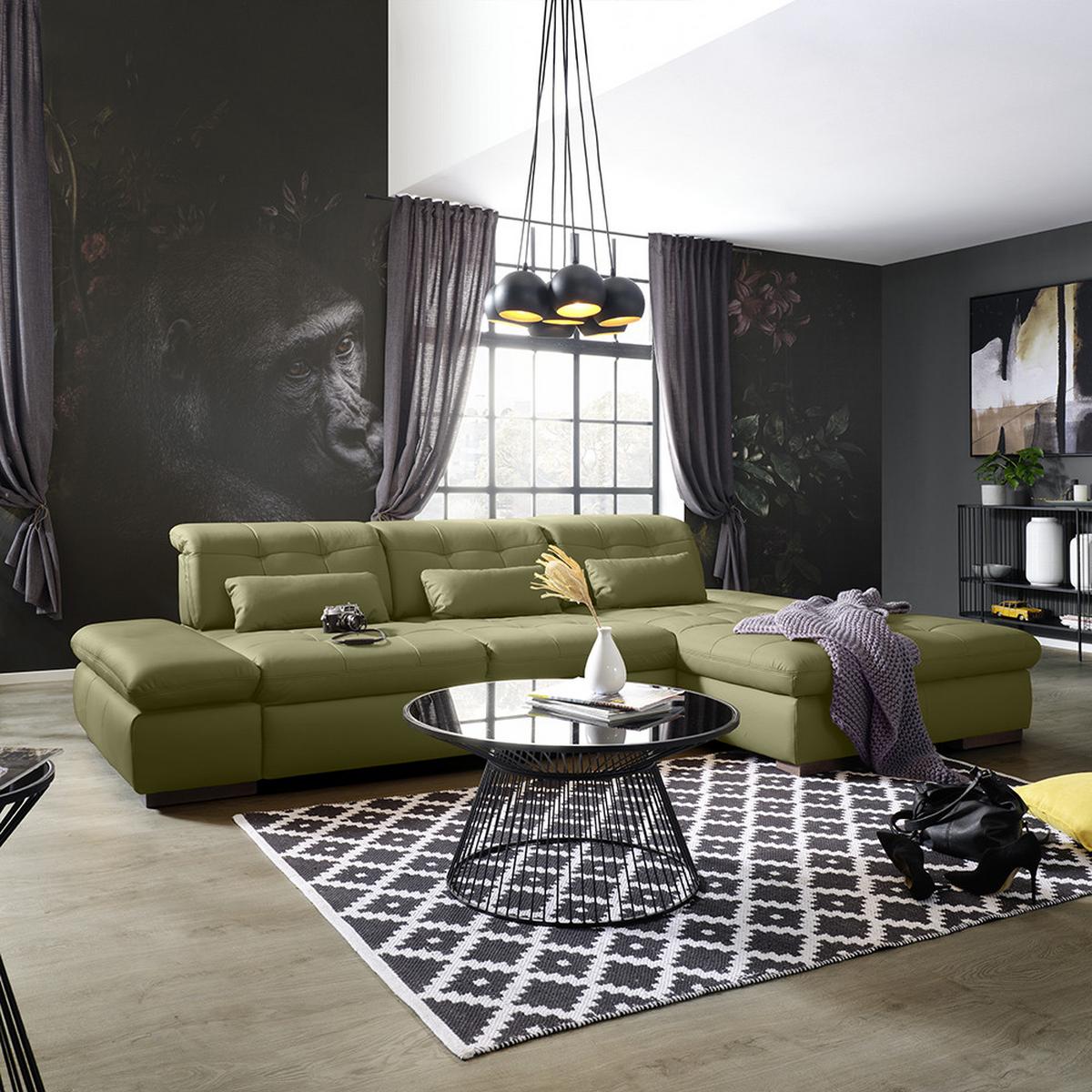Wohnlandschaft Sanfino Leder Olivgrün - Chromfarben/Olivgrün, KONVENTIONELL, Leder/Metall (305/79-96/199cm) - Premium Living