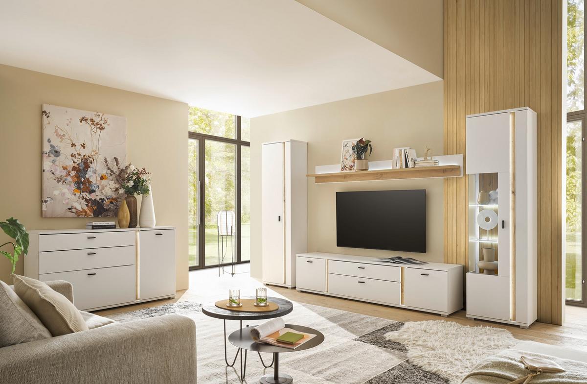 WOHNWAND LONG ISLAND - Eiche Wotan/Silberfarben, Design, Glas/Holzwerkstoff (330/200/42cm) - MID.YOU