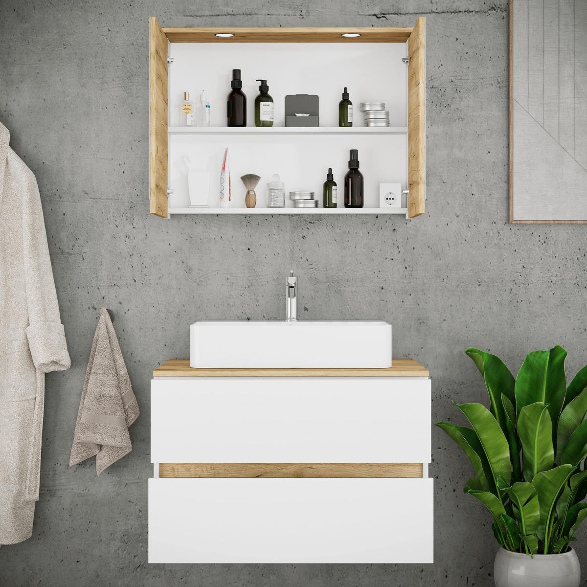 Badezimmer Cosila - Honigeiche/Weiss, Trend, Keramik/Holzwerkstoff (80cm) - MID.YOU