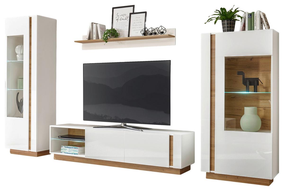 Wohnwand Clair Weiß/Eichefarben - Eichefarben/Weiß, Design, Glas/Holzwerkstoff (340/194/40cm) - MID.YOU