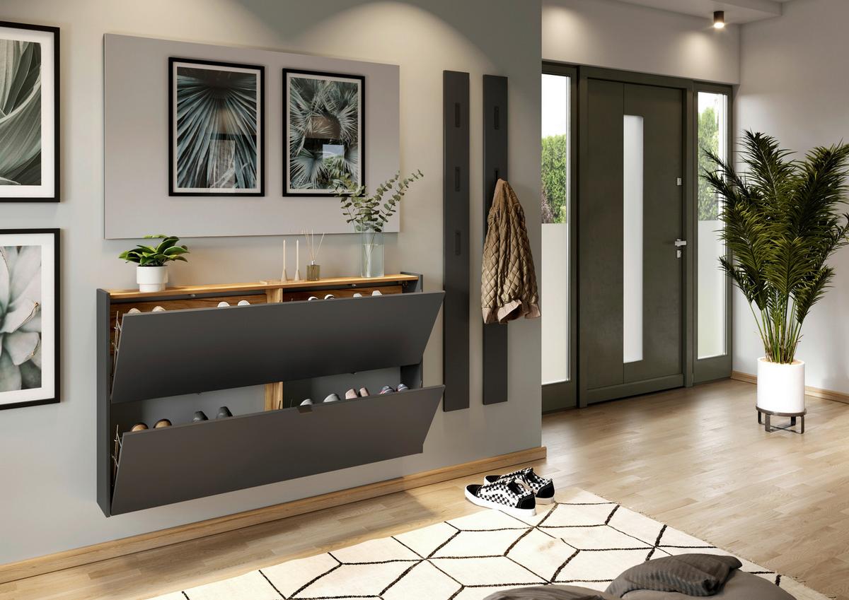 Hängeschuhschrank Ameca Graphitfarben/Eichefarben - Eichefarben/Graphitfarben, MODERN, Holzwerkstoff/Metall (140/83/18cm) - Premium Living