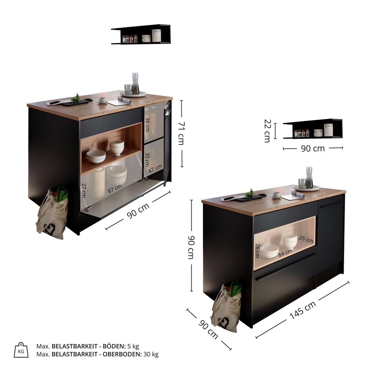 Insulă de bucătărie JAZZ - culoare lemn stejar/negru, Modern, material pe bază de lemn (140/90/90cm) - Modern Living