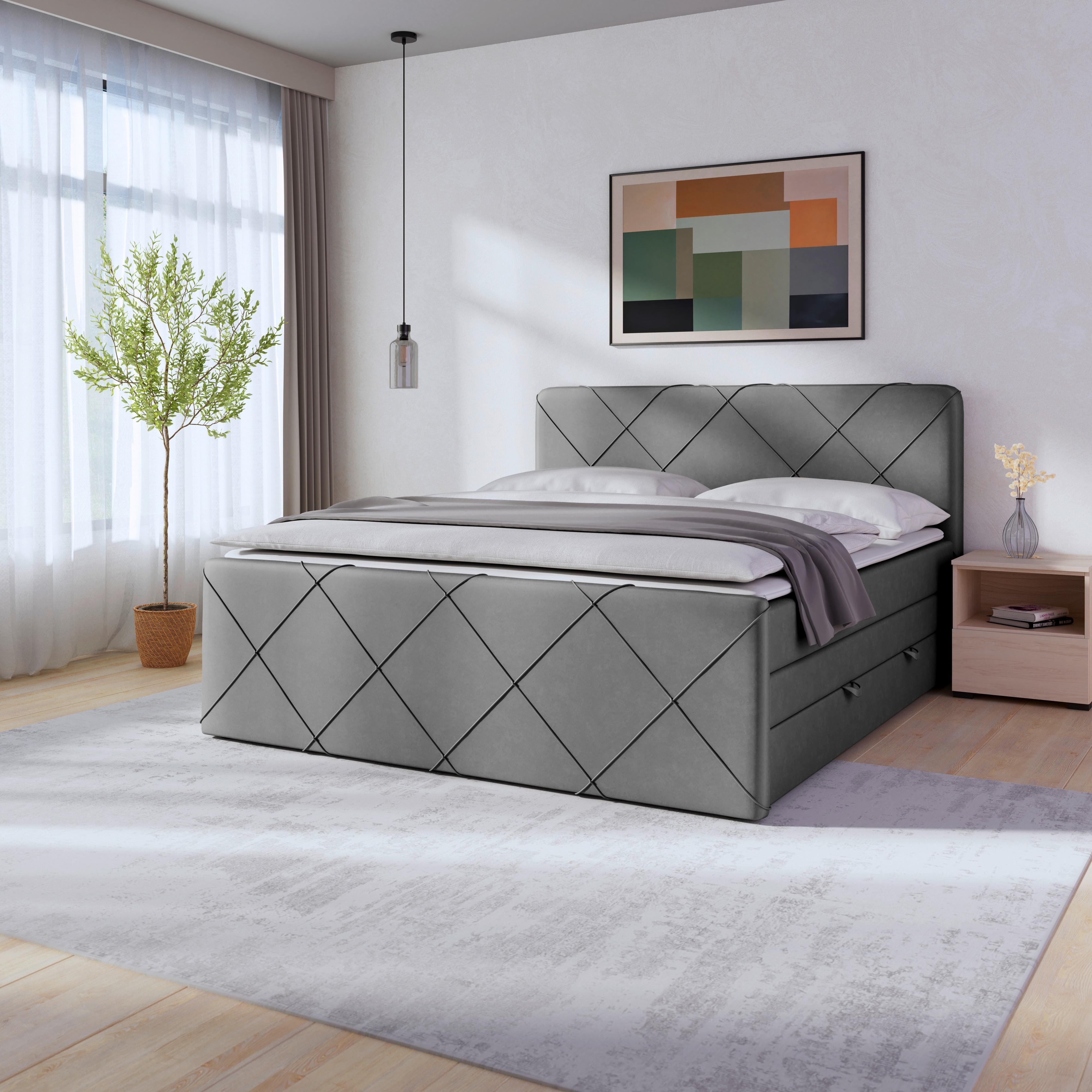 Boxspringbett Cordoba ca. 180x200 cm Hellgrau - Hellgrau/Schwarz, MODERN, Karton/Holz (180/200cm) - MID.YOU
