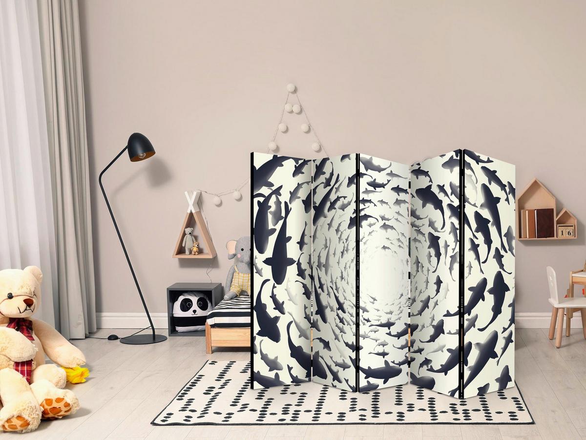 Paravan Fish Swirl I, 5-Delni, Dvostranski - črna/bela, Basics, tekstil/les (225/172/3cm) - artgeist