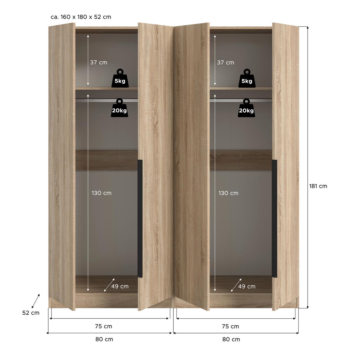 Drehtürenschrank KOPENHAGEN ca.160x181x52cm Sonoma Eiche - Schwarz/Sonoma Eiche, MODERN, Holzwerkstoff/Kunststoff (160/181/52cm) - MID.YOU